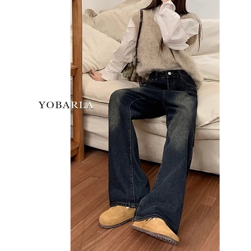 蓝灰色微喇牛仔裤女秋冬加绒高腰宽松大码女装显瘦梨形身材长裤子