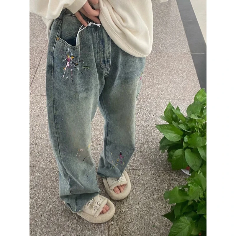 刺绣蓝色阔腿牛仔裤女秋季大码胖mm高腰宽松显瘦梨形身材阔腿裤子