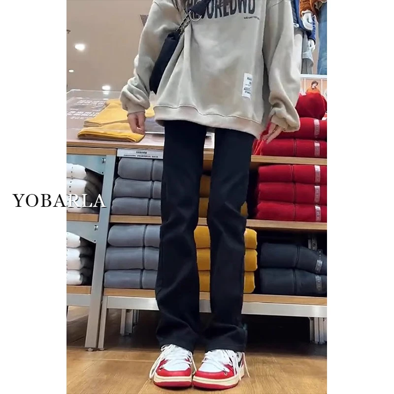 黑色高腰弹力牛仔裤女秋冬加绒窄版显瘦梨形身材小个子九分烟管裤