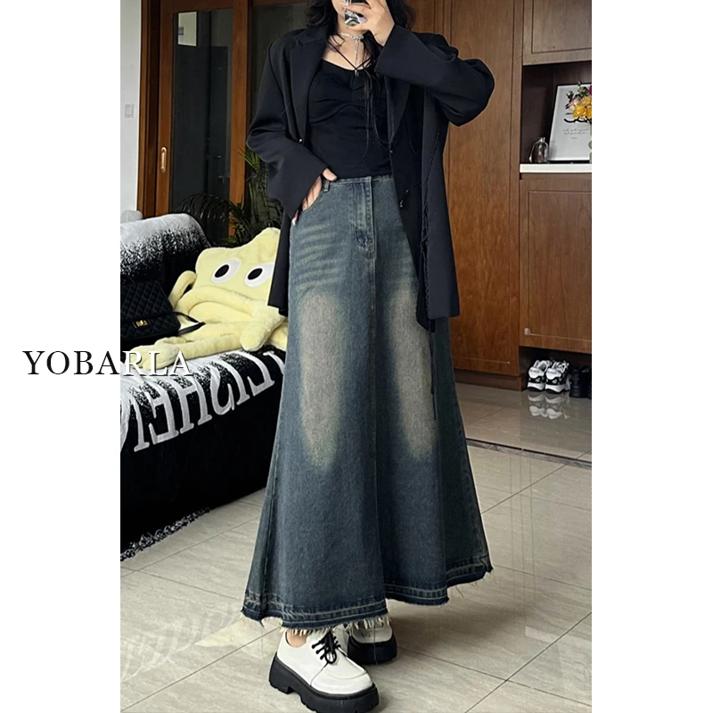 复古牛仔半身裙女高腰秋冬大码显瘦胖mm梨形身材a字中长款鱼尾裙