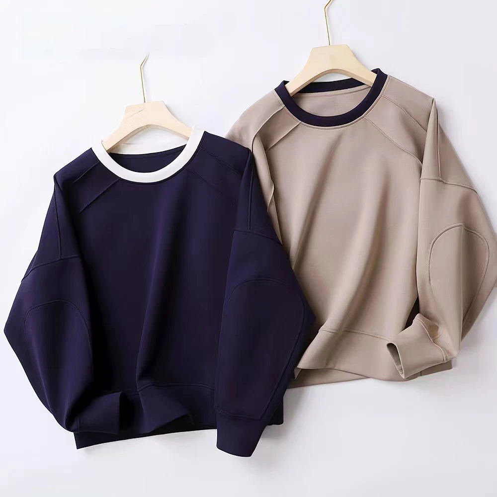外贸撞色领卫衣女拼接设计纯色质感长袖上衣春秋季新款简约宽松ON