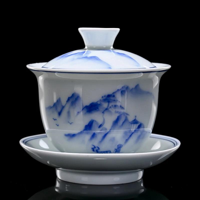 大号手绘影青山水盖碗茶杯 大号陶瓷复古青花三才盖碗功夫泡茶碗