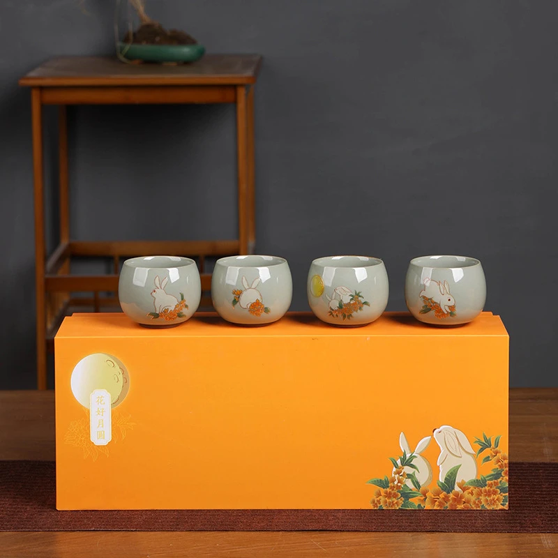 官窑花好月圆兔子主人杯礼盒礼品茶具套装兔年吉祥物中秋伴手礼