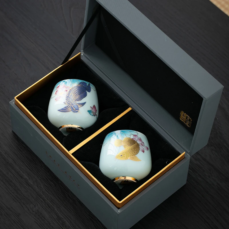 新视觉  家用陶瓷主人杯高端品茗杯锦鲤茶盏功夫茶杯对杯礼盒套装