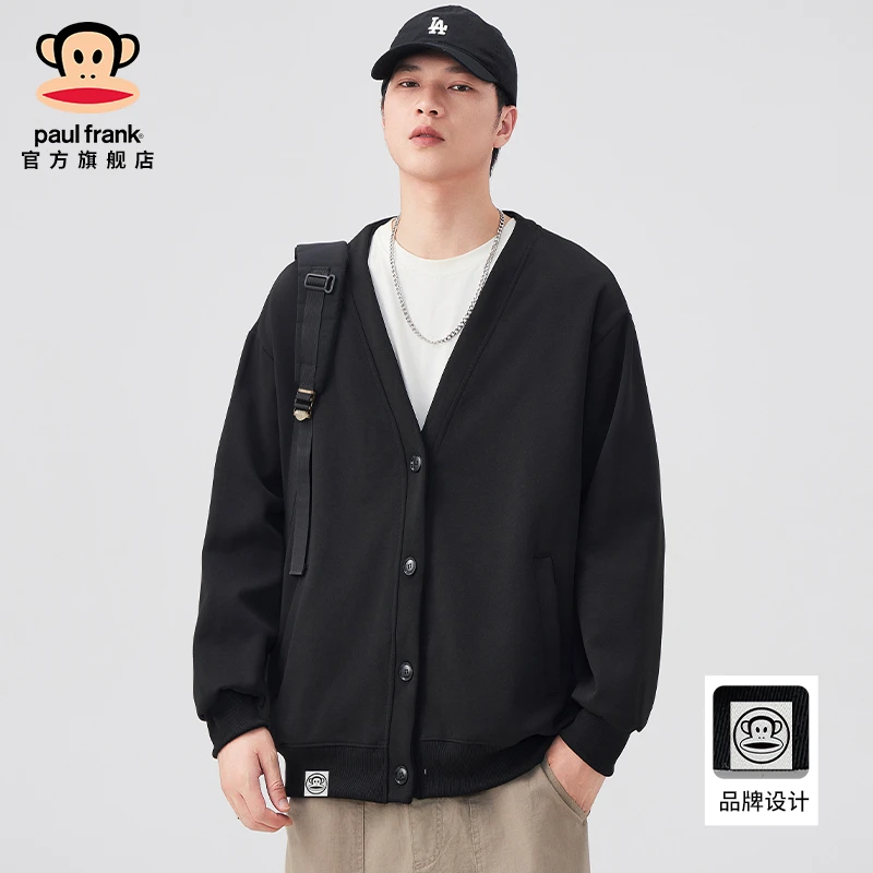 paul frank/大嘴猴V领开衫外套男士秋冬季新款慵懒风纯色百搭卫衣
