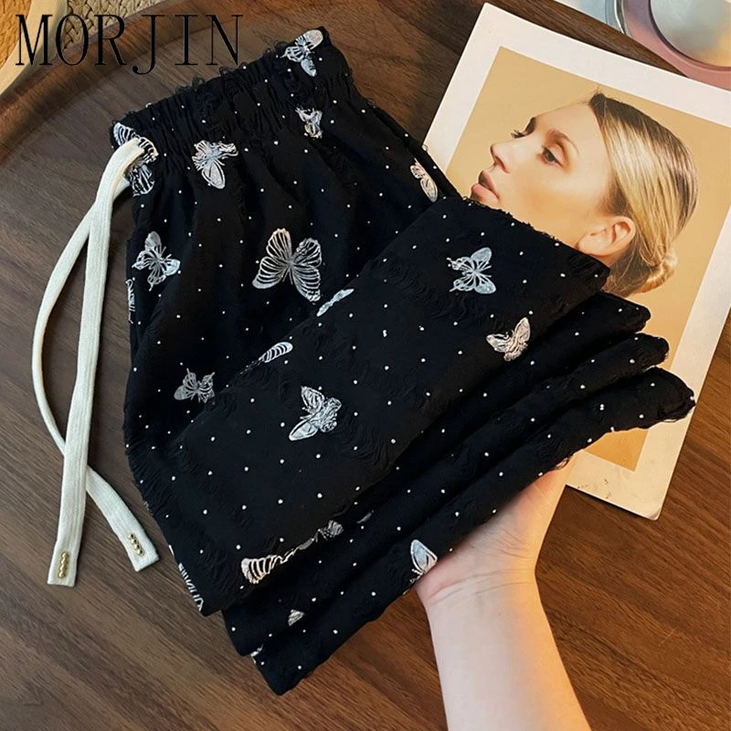 蝴蝶休闲裤春秋夏季大码胖m200斤新款高腰宽松破洞直筒乞丐阔腿裤