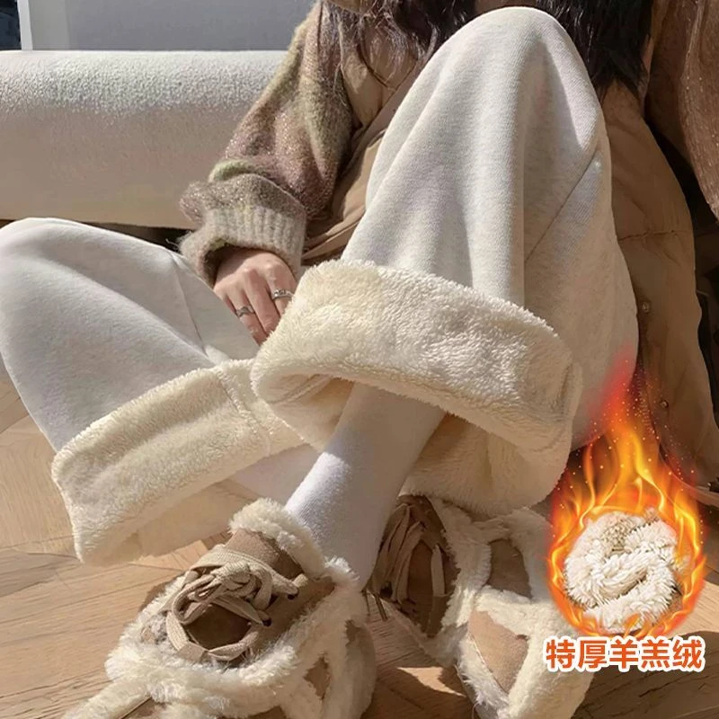 秋冬加绒加厚糯米裤女胖mm高腰显瘦大码阔腿裤宽松休闲软糯溜溜裤