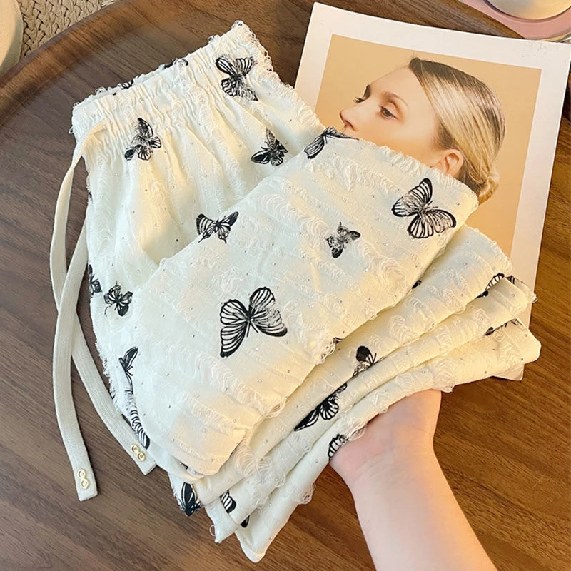 蝴蝶印花春夏秋季破洞山本直筒裤女大码200斤高腰垂感休闲阔腿裤