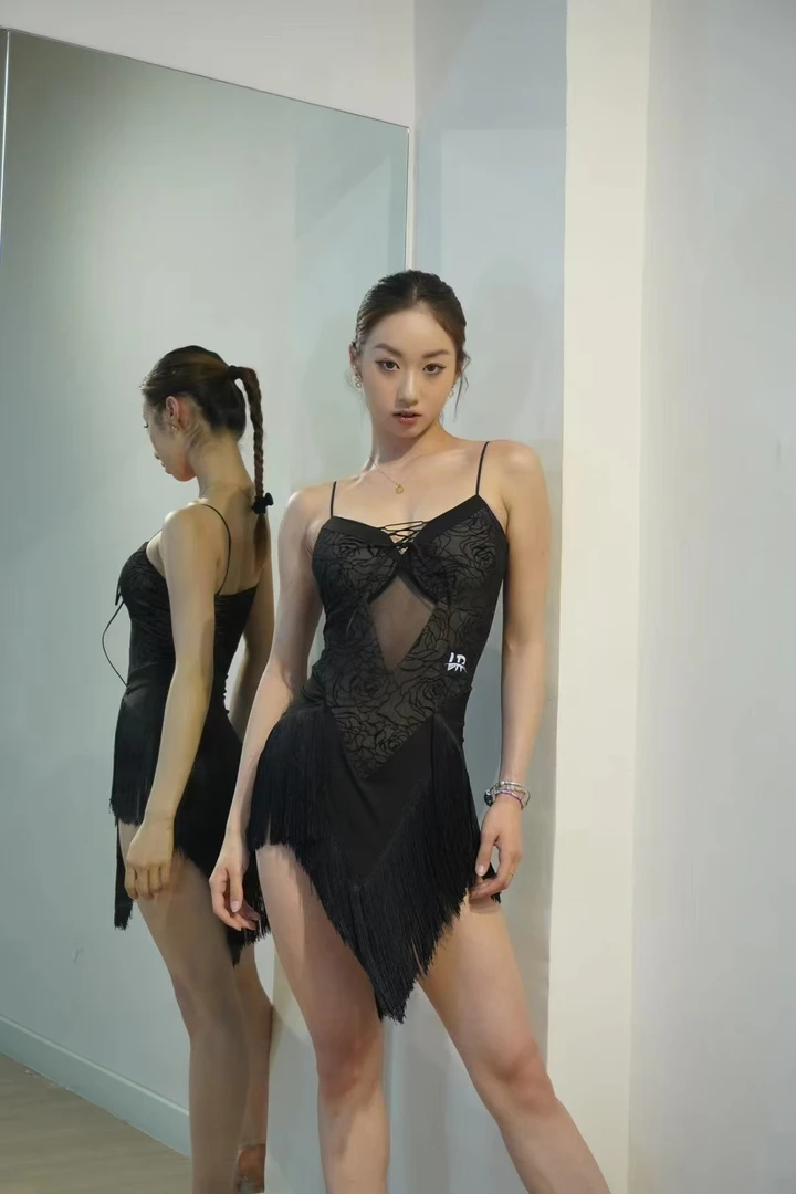 LR076拉丁新款吊带连衣裙植绒网纱自带胸垫底裤支持定制可做裸服