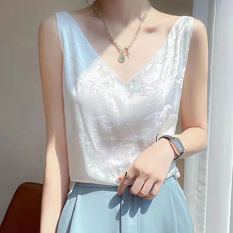 新款缎面吊带背心女西装内搭打底提花小马醋酸双肩带V领上衣气质