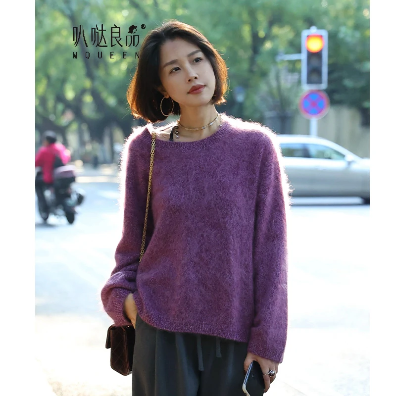 【叭哒不惑】野蔷薇 山羊绒拉绒圆领慵懒风毛衣女秋冬针织上衣