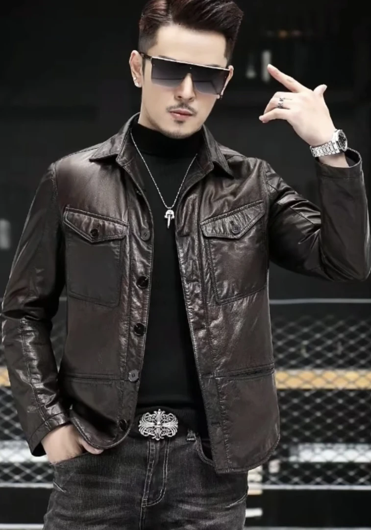 复古油蜡绵羊皮寸衫版夹克