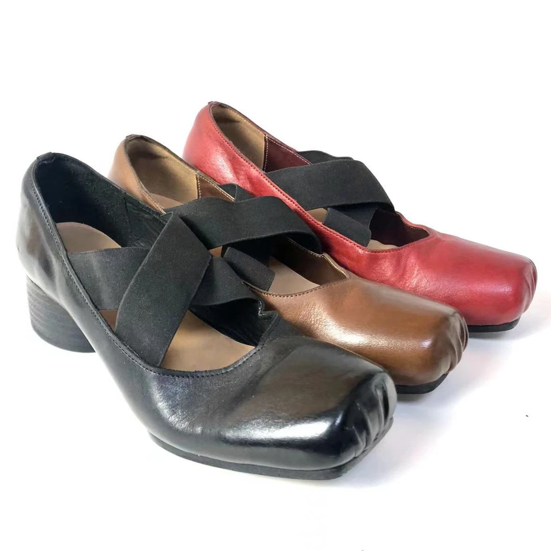 马皮芭蕾舞鞋女绑带单鞋高跟复古粗跟猪鼻子百搭时尚芭蕾鞋女鞋