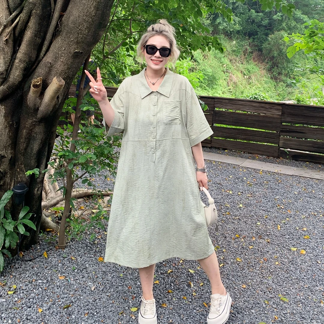 媛子大码麻感肌理宽松连衣裙清凉冰感透气夏季新款长裙83212