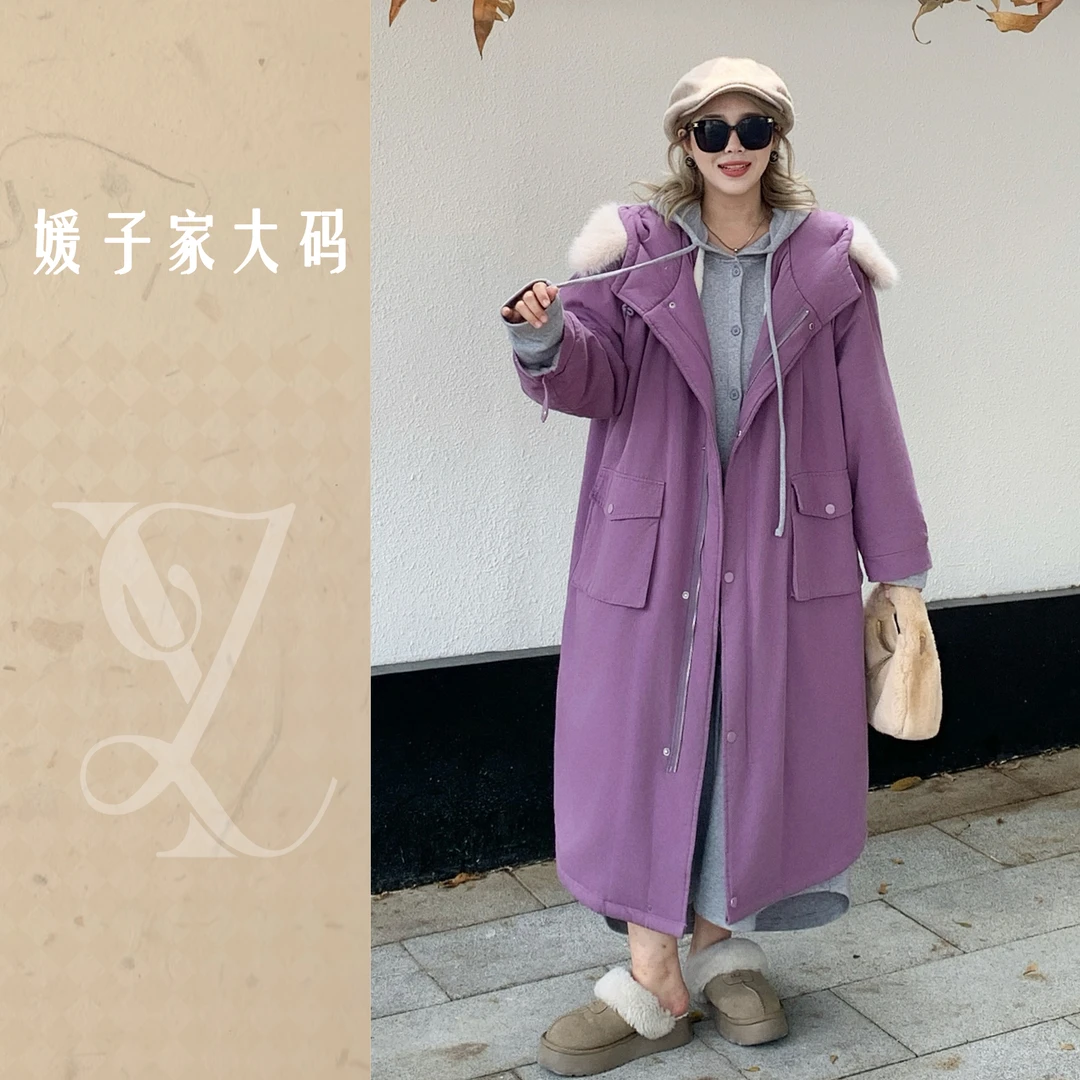 媛子大码工装连帽派克服加绒加厚时尚百搭设计师韩版外套83611