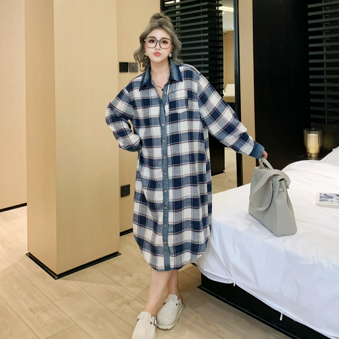 媛子大码格子衬衫裙美式复古潮牌宽松秋季新款休闲连衣裙61352