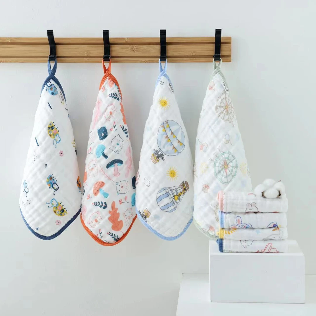 婴幼儿纯棉高密泡泡卡通纱布小方巾 提花婴儿宝宝口水巾洗脸巾