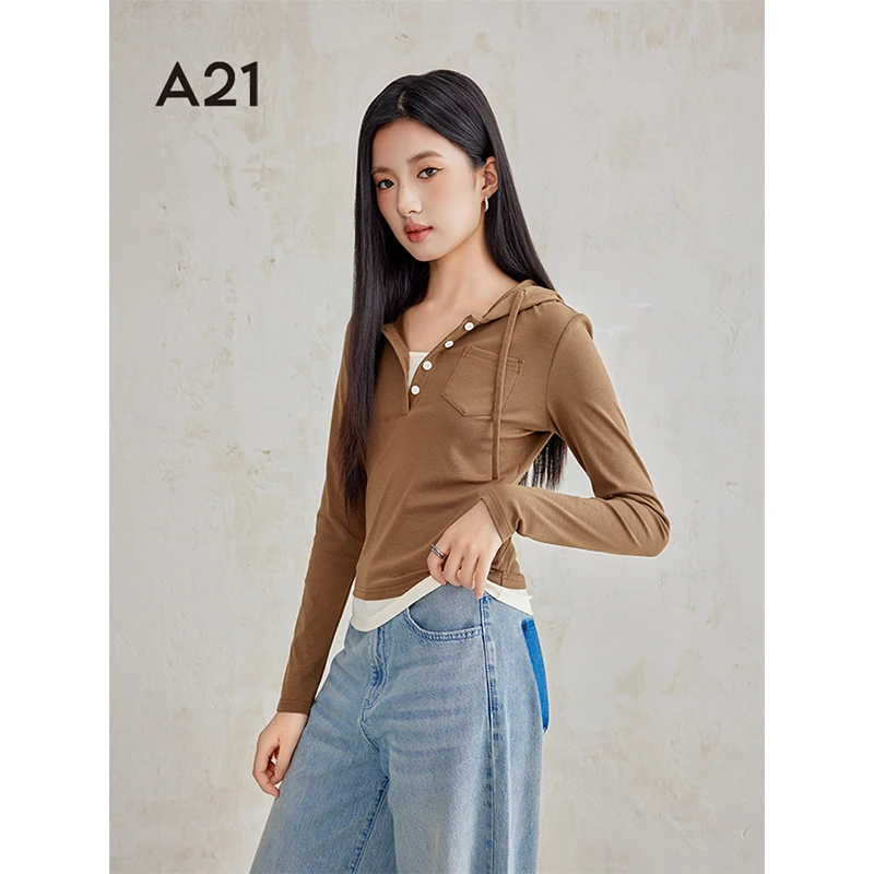 A21女装针织合体连帽半开筒长袖T恤F443231016