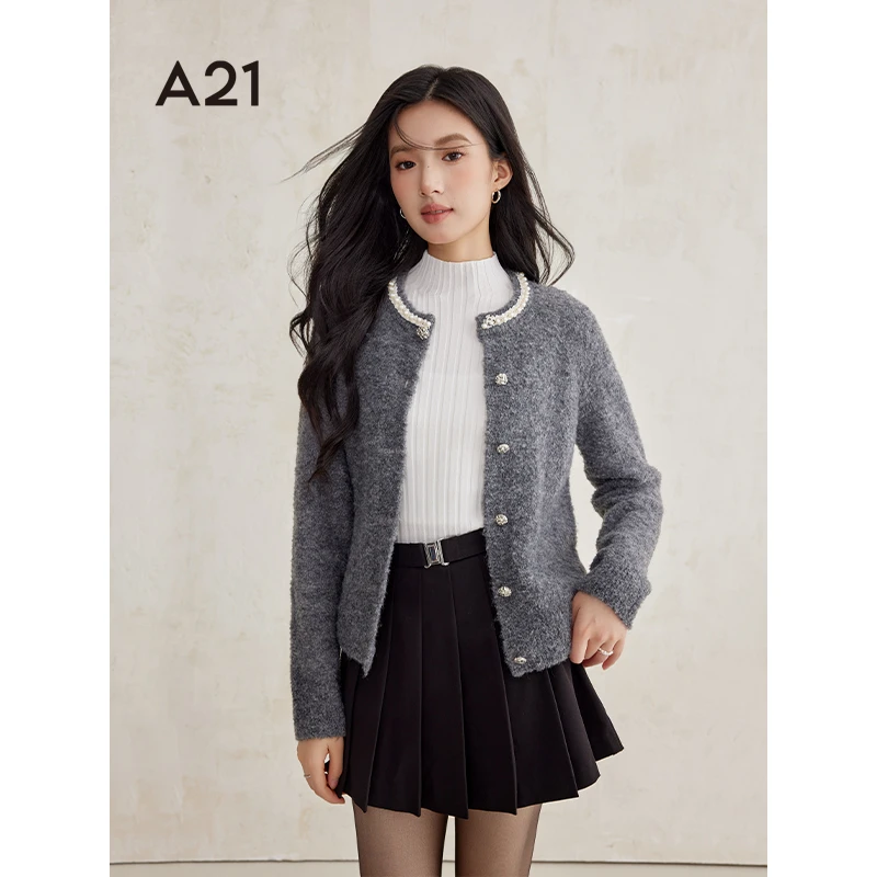 A21女装开衫毛针织衫2024冬新款简约圆领毛衣F444243019