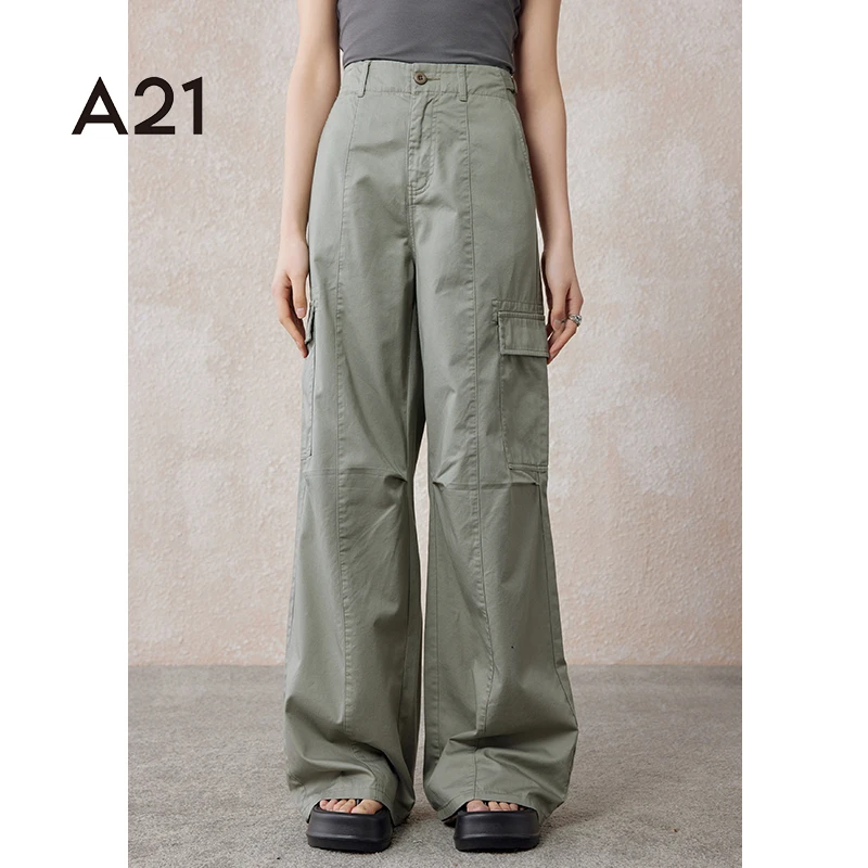 A21女装小个子高腰工装裤宽松休闲显瘦美式运动阔腿裤F442216014
