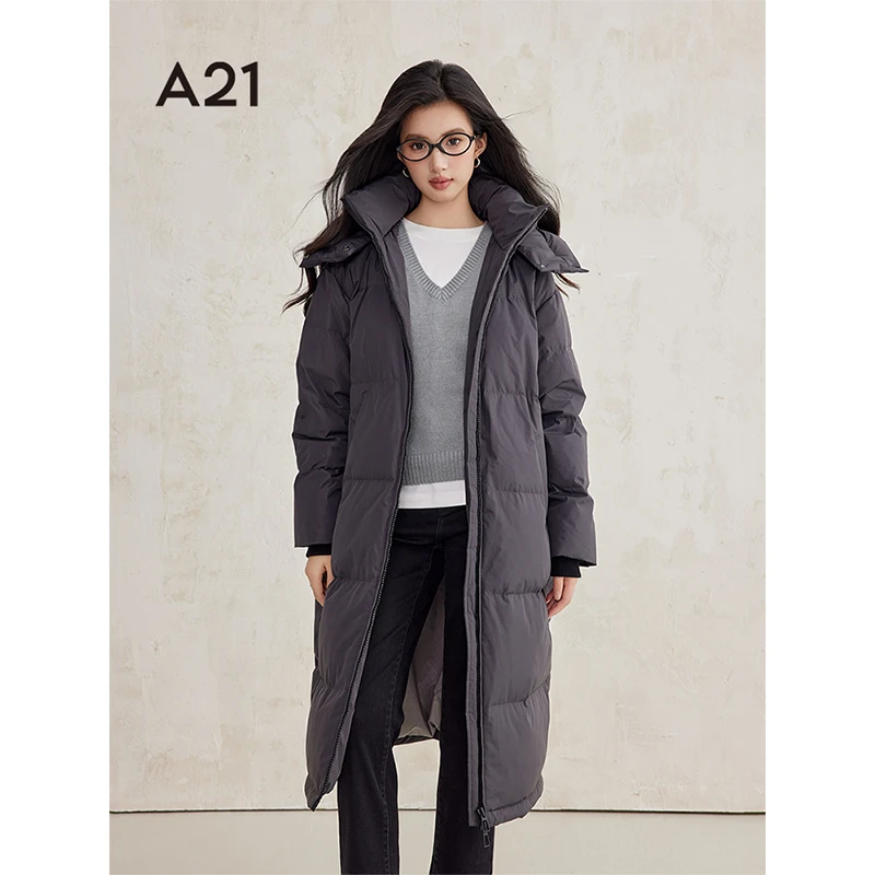 A21女装梭织宽松可拆帽落肩开襟厚长羽绒服F444215022