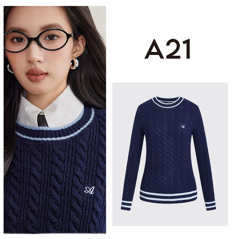 A21女装毛针织衫2024冬新款简约撞色麻花套头打底毛衣F444243015