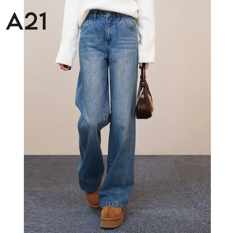 A21春秋女装宽松高腰阔腿浅中蓝百搭高腰显瘦牛仔长裤F444226015