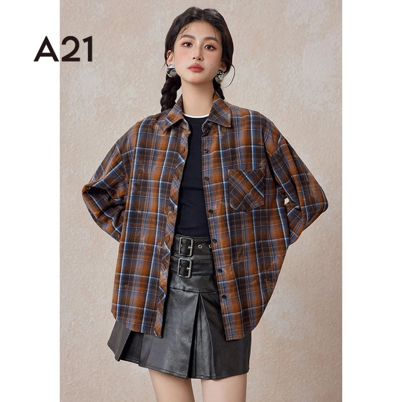 A21女装翻领长袖衬衫春秋季复古显瘦百搭休闲格子衫F441210004
