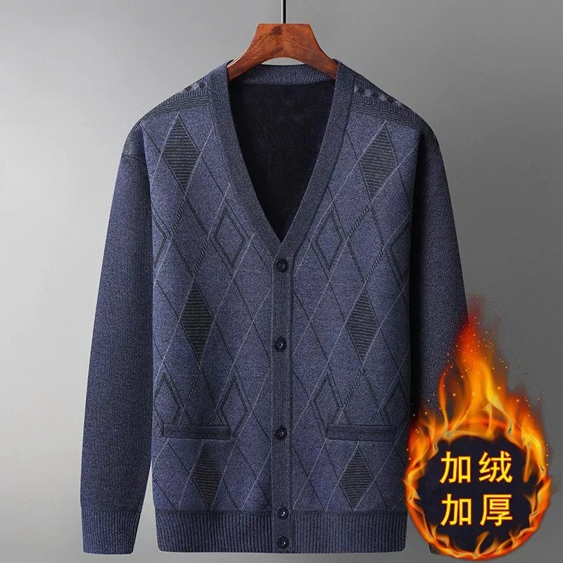 保罗周末男士开衫毛衣秋冬季加绒加厚中老年爸爸装打底针织衫百搭