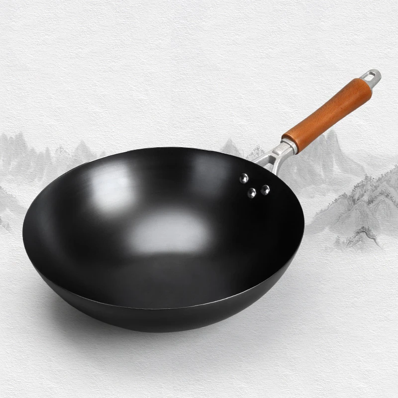 老式无涂层氮化铁锅家用圆底炒锅燃气灶用不粘锅轻便爆炒