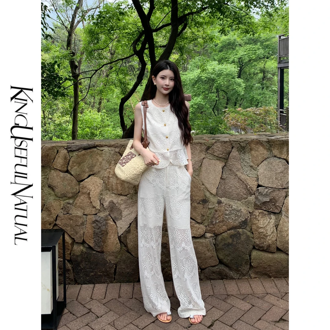 KUN【仲夏夜】心动套装 时尚重磅镂空蕾丝钩针新中式马甲长裤套装