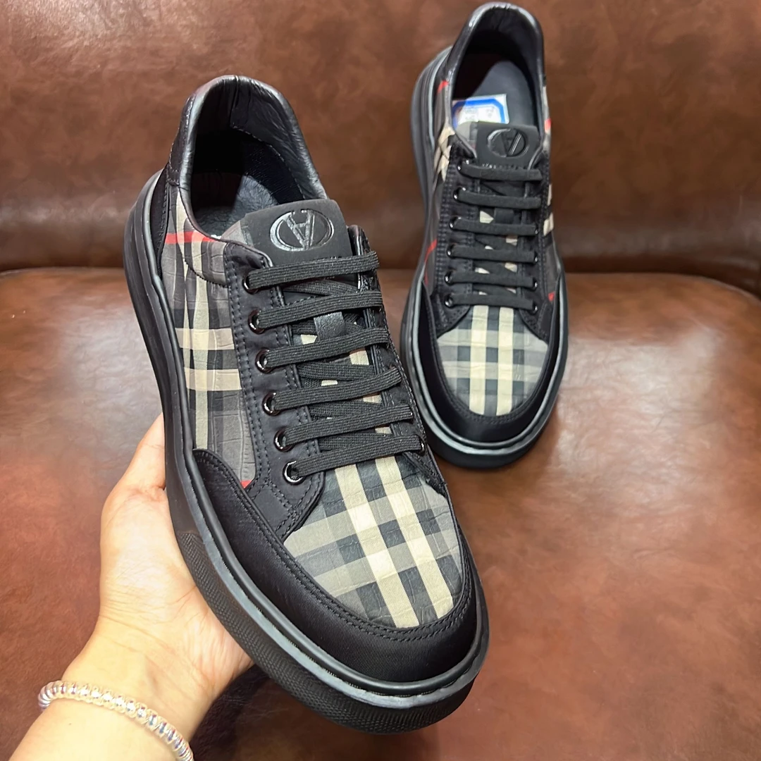 2024男士夏季格纹系带布鞋时尚休闲百搭透气真皮春季格子低帮