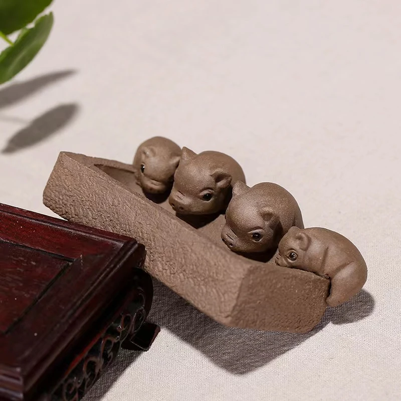 福气多多茶宠—宜兴原矿紫砂小猪茶宠招财四只猪喝水槽小摆件段泥