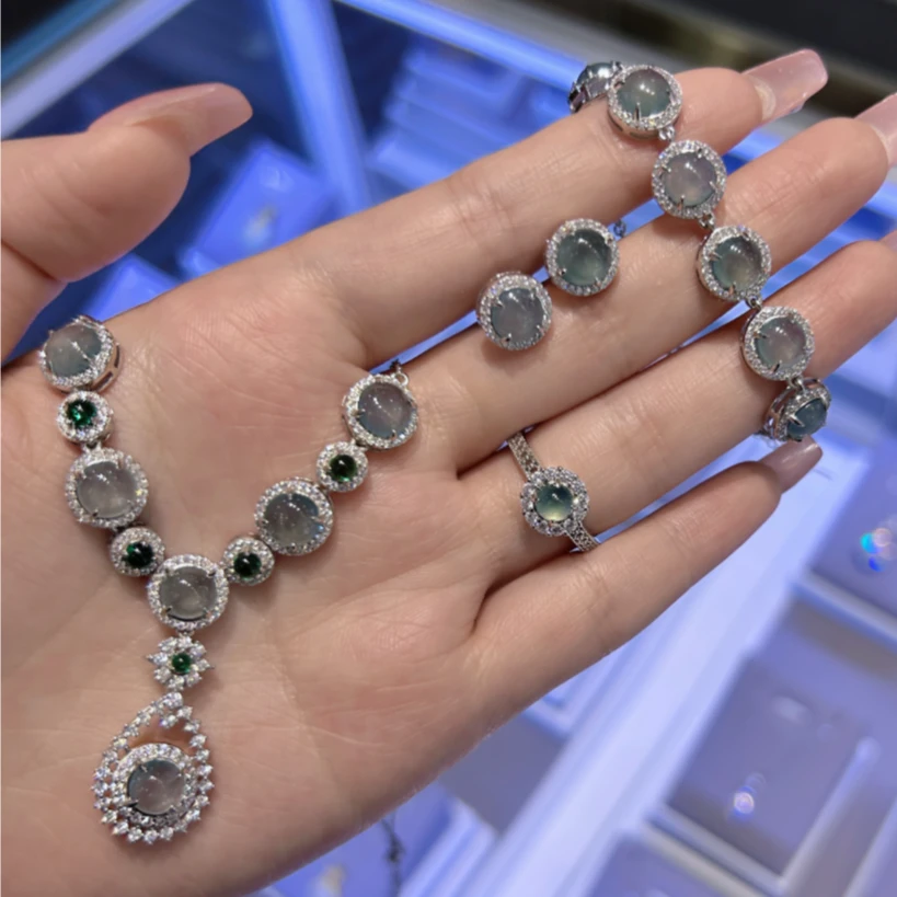 【双十一陈总专属补贴】S925银镀金豪镶天然A货翡翠冰种蛋面五件套