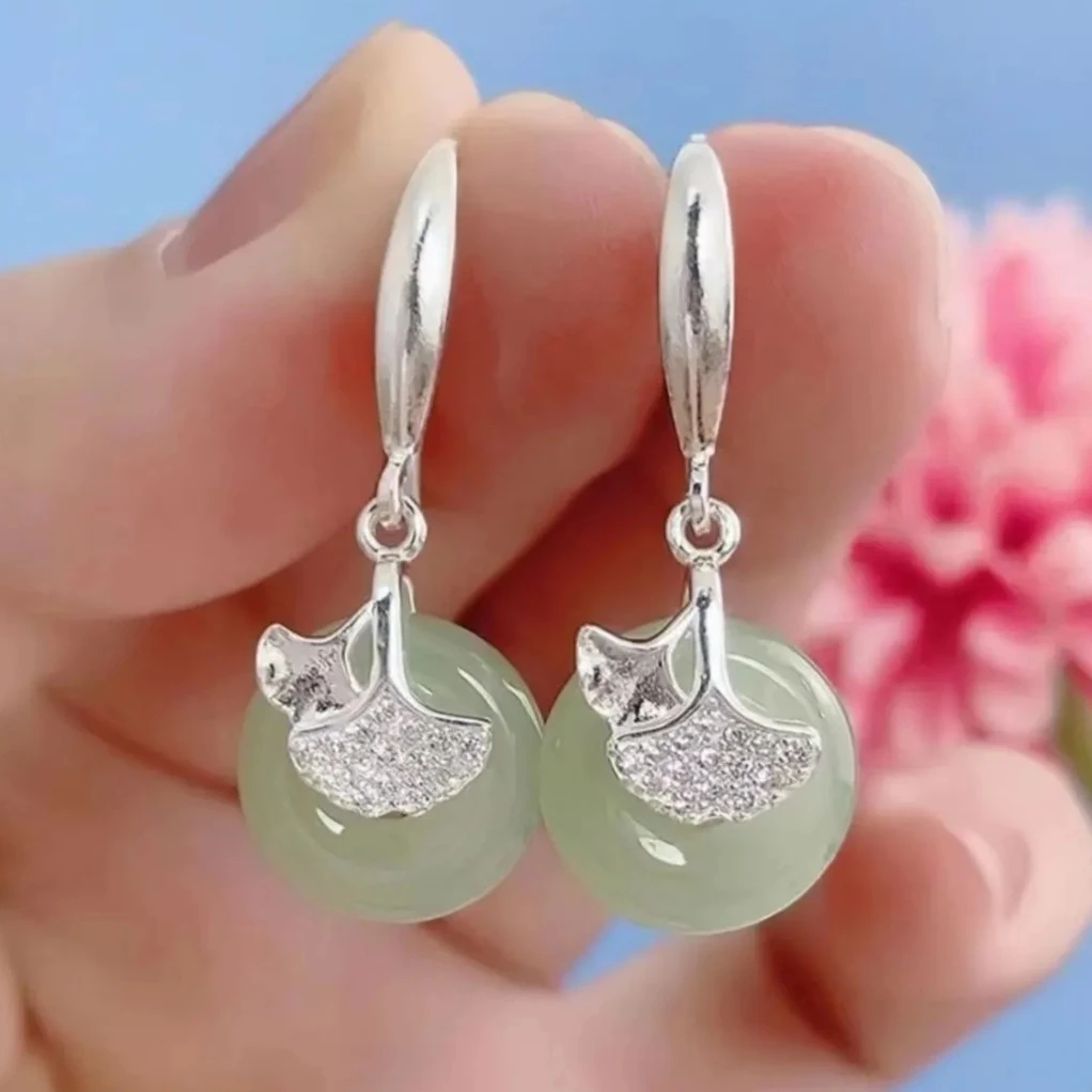 足银合成锆石耳饰 足银 平安扣耳环耳坠气质古风银耳环