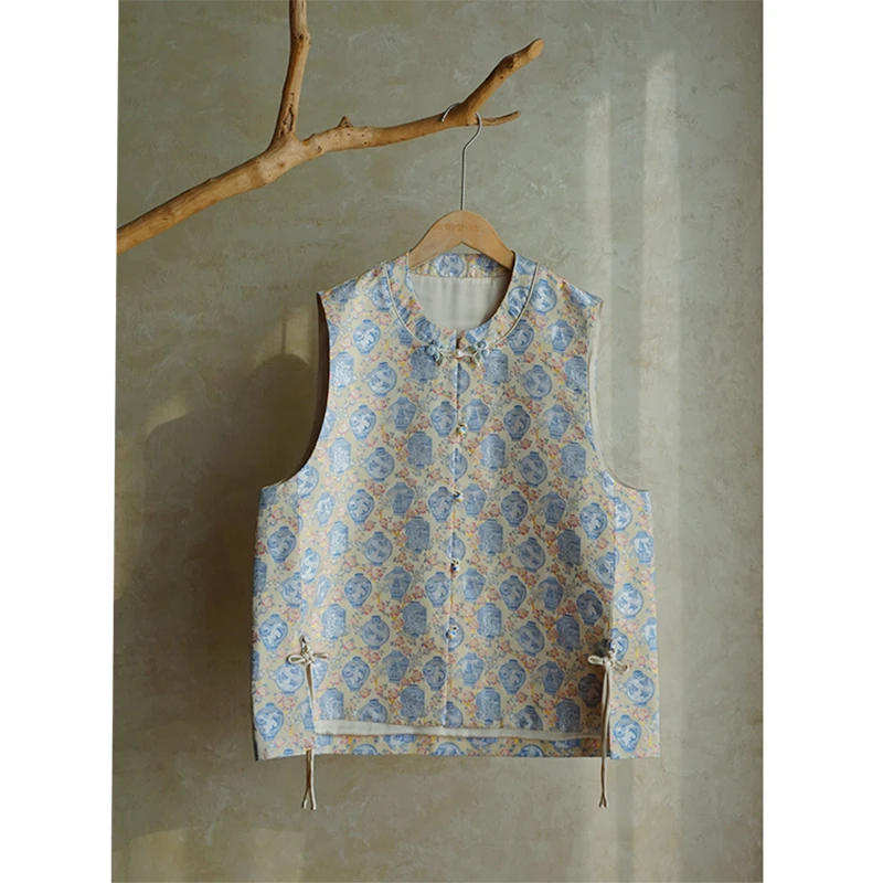 【张国权青花瓷】新中式满分桑蚕丝马甲上衣复古女装