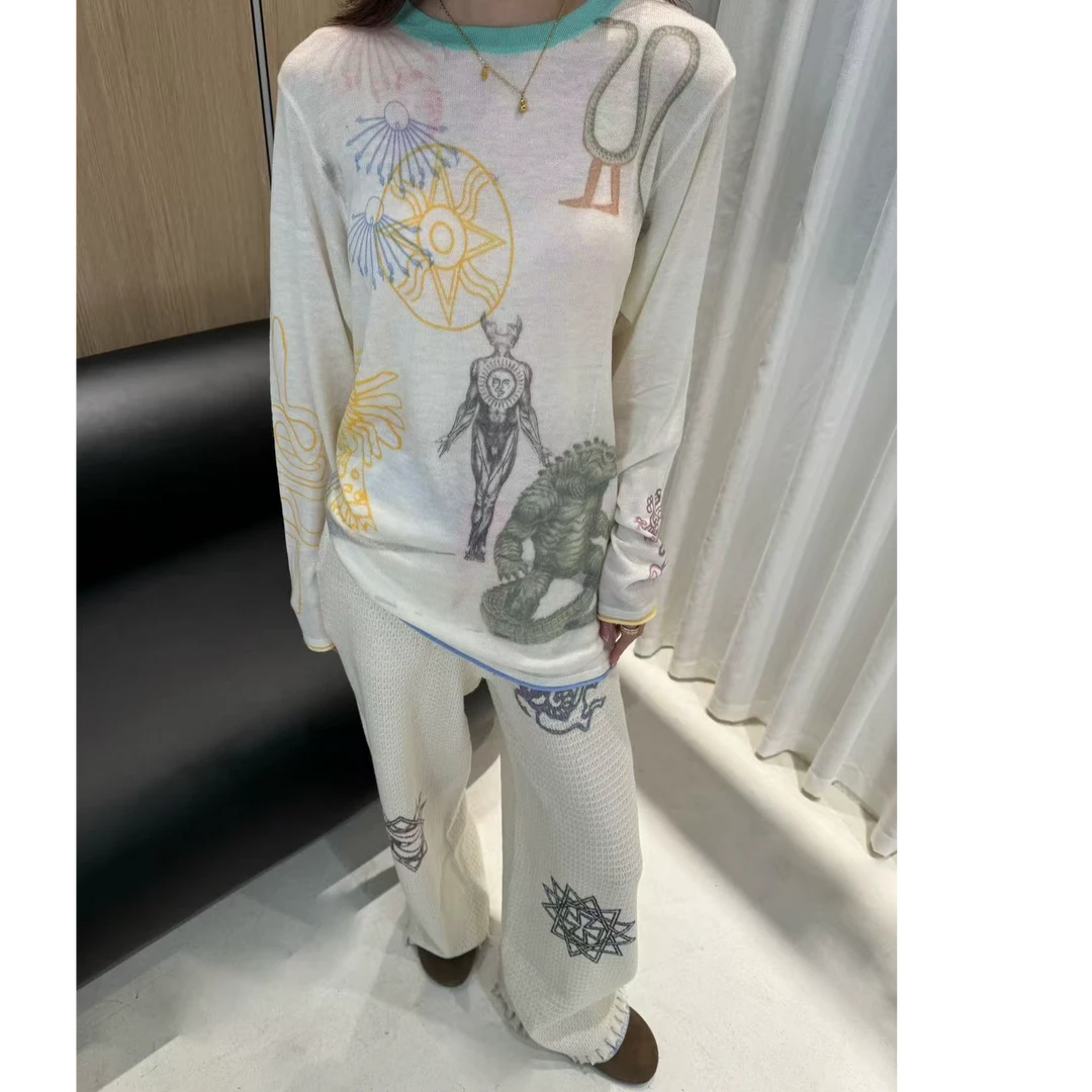 【Jennie同款】设计印花元素羊绒圆领套头长袖＋长裤