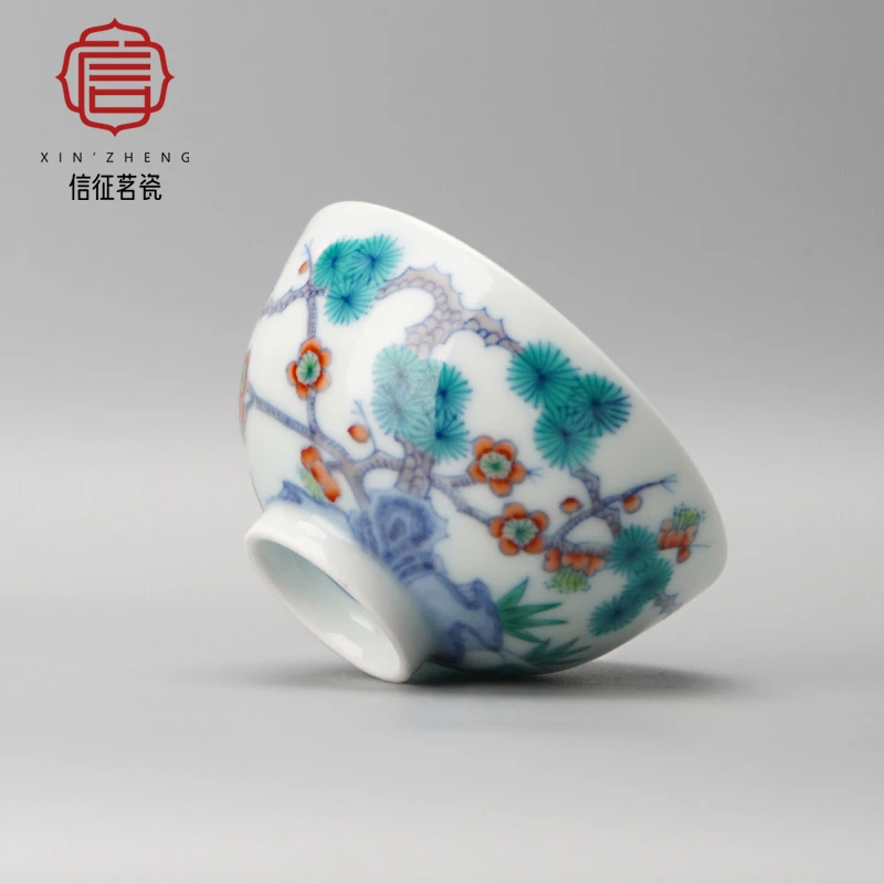 仿雍正款青花斗彩松竹梅杯岁寒三友主人杯纯手工单杯手绘茶器茶碗