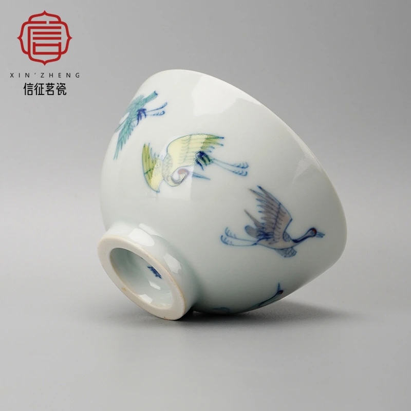 景德镇雍正款青花斗彩六鹤同春茶杯手绘仿古茶器全手工主人杯单杯