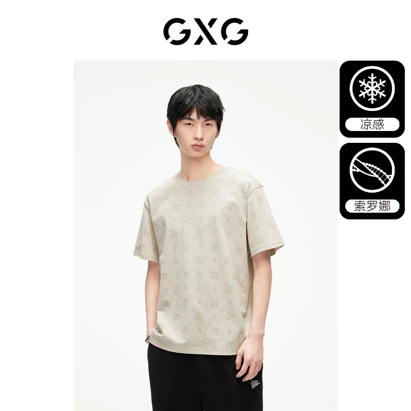 GXG男装双色潮流船锚满印短袖T恤2024春季新品#G24D442008