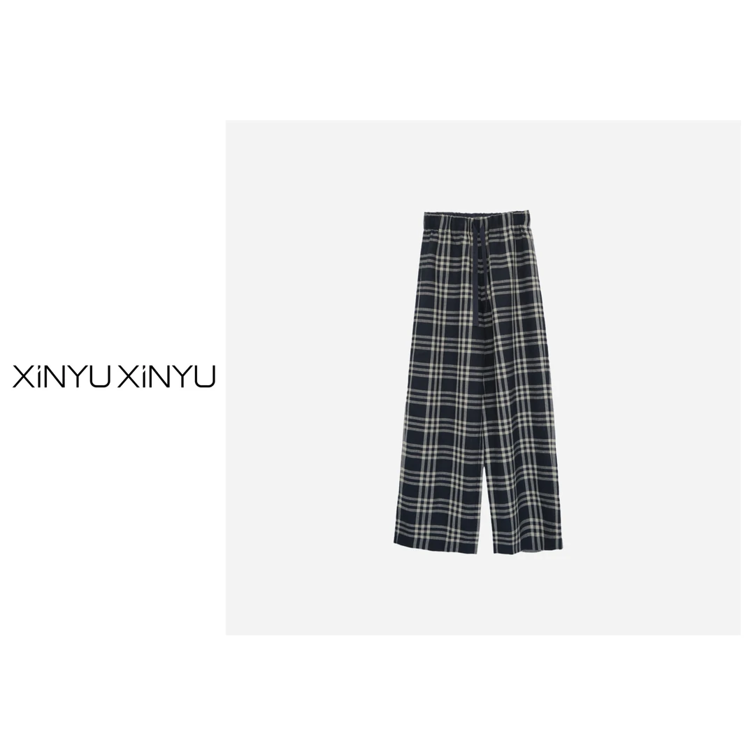 XINYU/芯与『且忘忧』抽绳松紧腰藏青白条直筒格子裤休闲裤 46J117