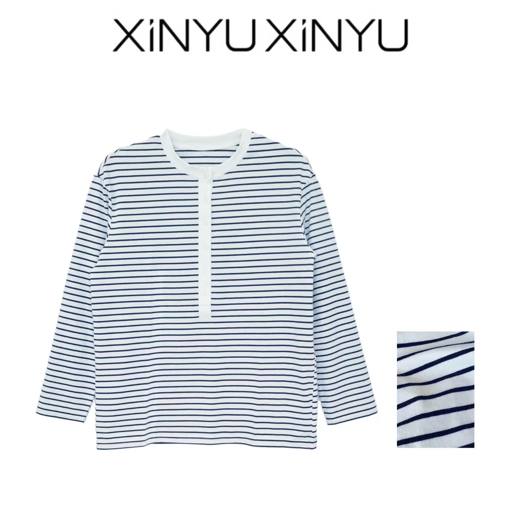 XINYU/芯与  亨利领排扣长袖T恤 30361 休闲 百搭 时尚 条纹 女士