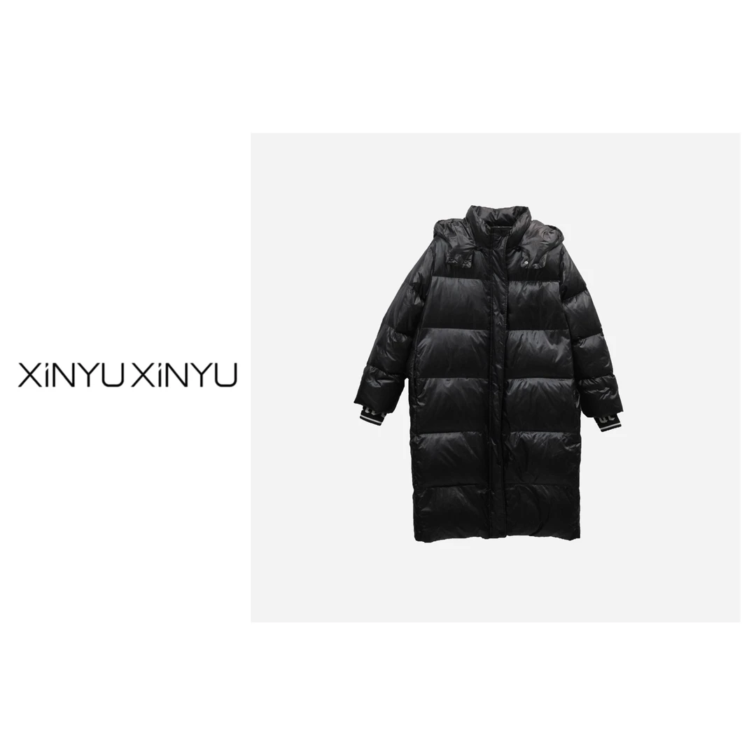 XINYU/芯与立领连帽可拆字母袖90白鹅绒羽绒服 423123 黑长羽绒服