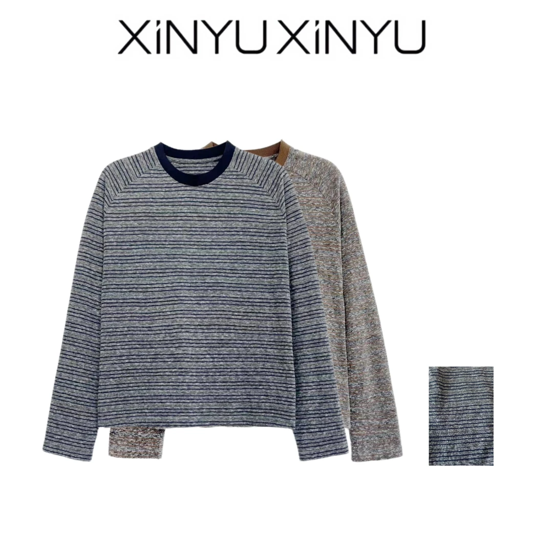 XINYU/芯与『曼波』撞色磨毛条纹圆领长袖T恤 40346 保暖 秋冬