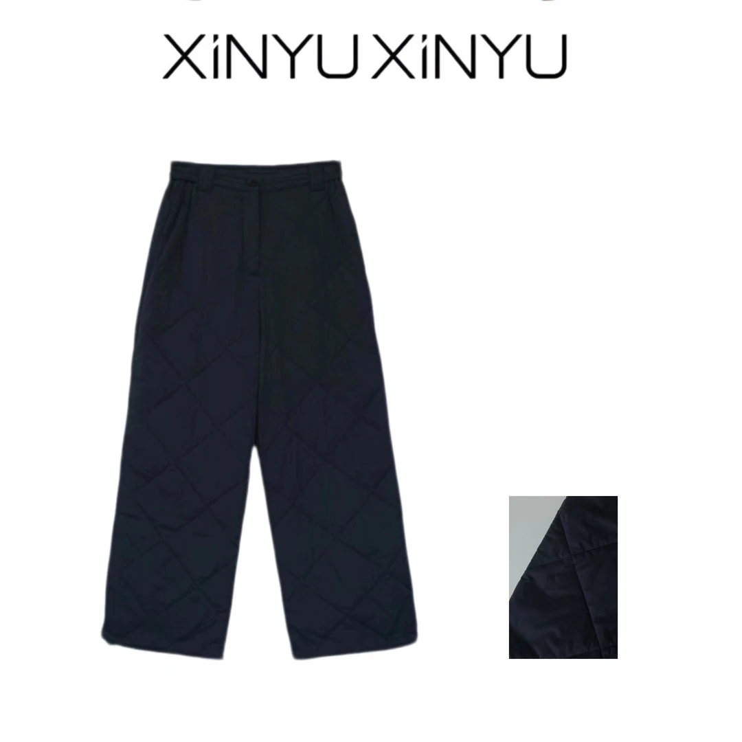 XINYU/芯与G『格菱兰岛』 藏青色腰松紧菱格绗缝棉裤 36J110 秋冬