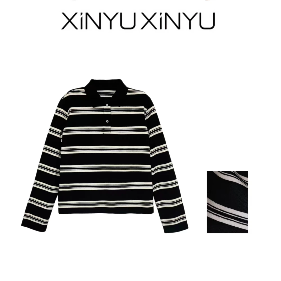 XINYU/芯与『追逐时光 』条纹POLO衫 35064 时尚 翻领 春秋 宽松