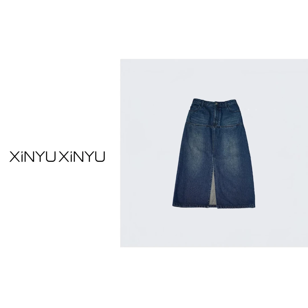 XINYU/芯与『微A前奏』横兜前开叉港风复古水洗牛仔半裙 337116