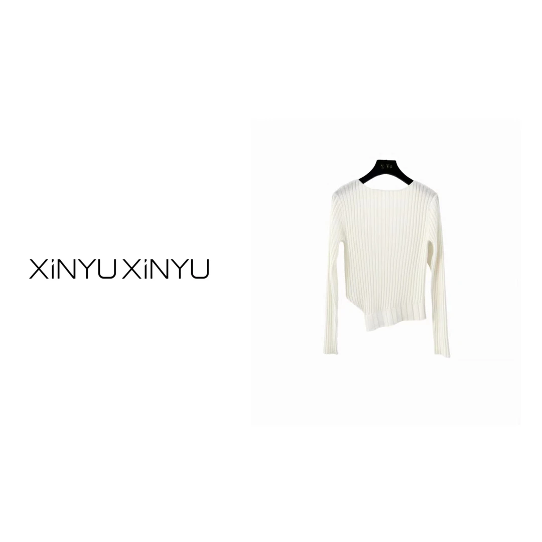 XINYU/芯与G『塞纳左岸』时尚坑条下不规则针织衫 12425  套头气质