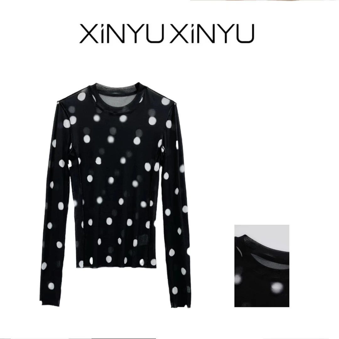 XINYU/芯与『半糖主义』波点反做边纱质感长袖T恤 30354 气质 时尚