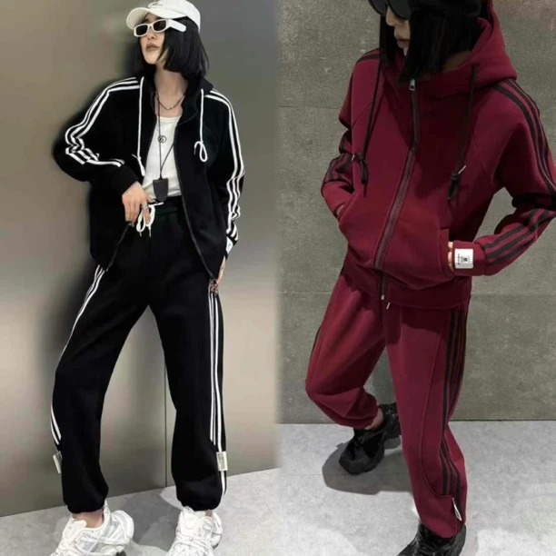 时尚休闲套装女2024春秋新款连帽显瘦遮肉上衣束腿长裤两件套